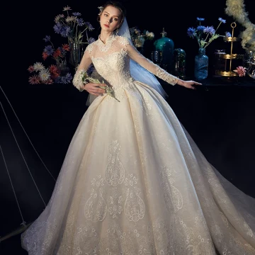 Luxe Chinese Stijl Ivoor Doorzichtige Trouwjurken 2019 Baljurk Hoge Kraag Lange Mouwen Ruglooze Handgemaakt Kralen Chapel Train Ruche