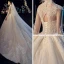 Luxus / Herrlich Chinesischer Stil Ivory / Creme Durchsichtige Brautkleider / Hochzeitskleider 2019 Ballkleid Stehkragen Lange Ärmel Rückenfreies Handgefertigt Perlenstickerei Kapelle-Schleppe Rüschen