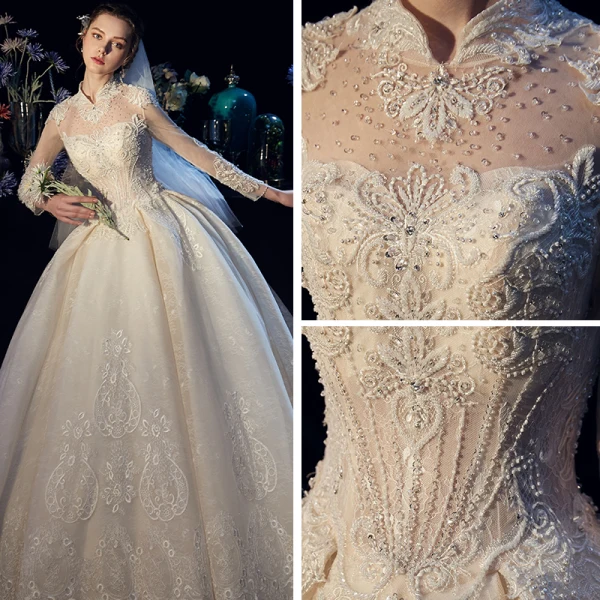 Luxus / Herrlich Chinesischer Stil Ivory / Creme Durchsichtige Brautkleider / Hochzeitskleider 2019 Ballkleid Stehkragen Lange Ärmel Rückenfreies Handgefertigt Perlenstickerei Kapelle-Schleppe Rüschen