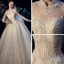 Luxus / Herrlich Chinesischer Stil Ivory / Creme Durchsichtige Brautkleider / Hochzeitskleider 2019 Ballkleid Stehkragen Lange Ärmel Rückenfreies Handgefertigt Perlenstickerei Kapelle-Schleppe Rüschen