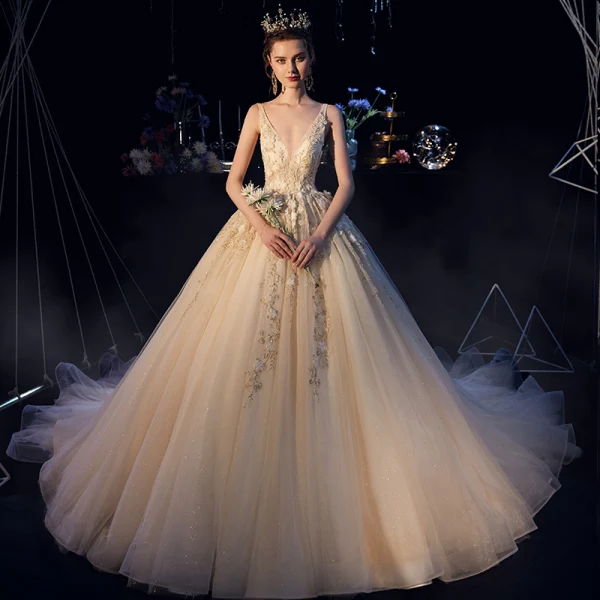 Luxury / Gorgeous Champagne Wedding Dresses 2019 A-Line / Princess Deep V-Neck Sleeveless Backless Appliques Lace Beading Glitter Tulle Chapel Train Ruffle