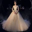 Luxury / Gorgeous Champagne Wedding Dresses 2019 A-Line / Princess Deep V-Neck Sleeveless Backless Appliques Lace Beading Glitter Tulle Chapel Train Ruffle