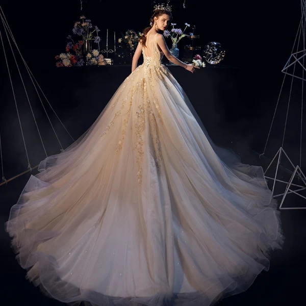 Luxury / Gorgeous Champagne Wedding Dresses 2019 A-Line / Princess Deep V-Neck Sleeveless Backless Appliques Lace Beading Glitter Tulle Chapel Train Ruffle