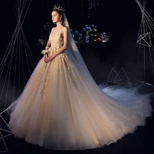 Luxury Gorgeous Champagne Wedding Dresses 2019 A Line Princess Deep V Neck Sleeveless Backless Appliques Lace Beading Glitter Tulle Chapel Train Ruffle