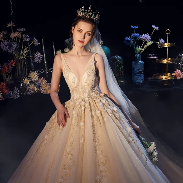 Luxury / Gorgeous Champagne Wedding Dresses 2019 A-Line / Princess Deep V-Neck Sleeveless Backless Appliques Lace Beading Glitter Tulle Chapel Train Ruffle
