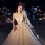 Luxury / Gorgeous Champagne Wedding Dresses 2019 A-Line / Princess Deep V-Neck Sleeveless Backless Appliques Lace Beading Glitter Tulle Chapel Train Ruffle