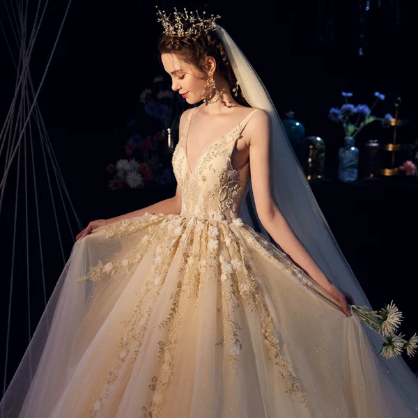 Luxury / Gorgeous Champagne Wedding Dresses 2019 A-Line / Princess Deep V-Neck Sleeveless Backless Appliques Lace Beading Glitter Tulle Chapel Train Ruffle