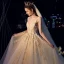 Luxury / Gorgeous Champagne Wedding Dresses 2019 A-Line / Princess Deep V-Neck Sleeveless Backless Appliques Lace Beading Glitter Tulle Chapel Train Ruffle
