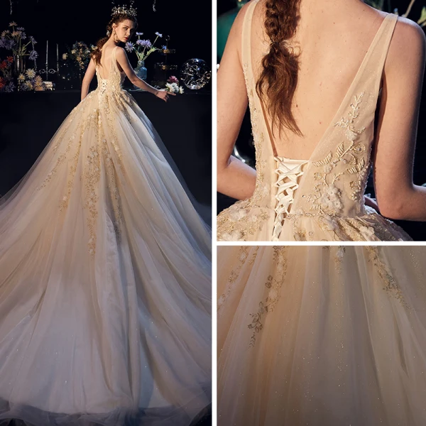 Luxury / Gorgeous Champagne Wedding Dresses 2019 A-Line / Princess Deep V-Neck Sleeveless Backless Appliques Lace Beading Glitter Tulle Chapel Train Ruffle