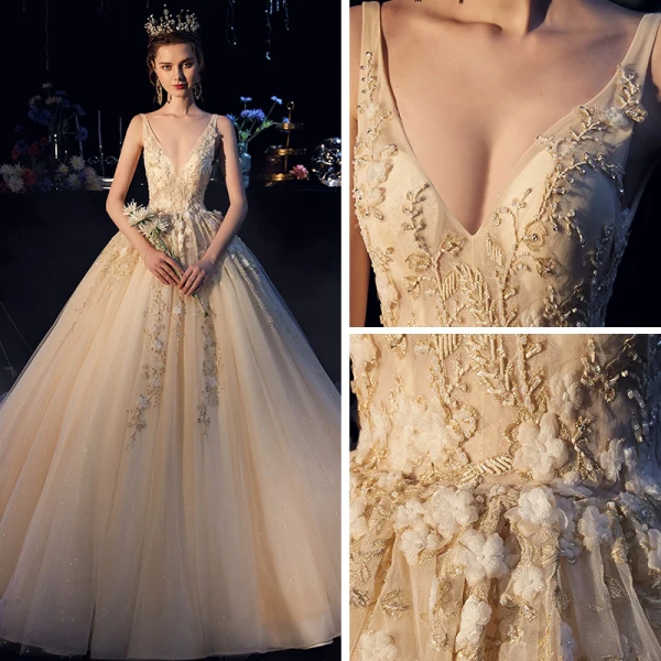 Luxury / Gorgeous Champagne Wedding Dresses 2019 A-Line / Princess Deep V-Neck Sleeveless Backless Appliques Lace Beading Glitter Tulle Chapel Train Ruffle