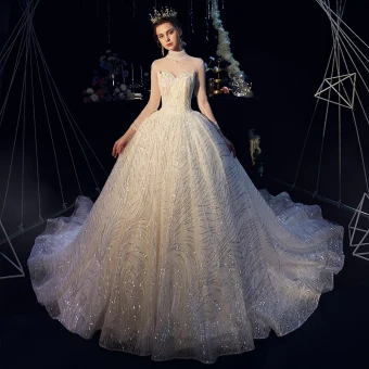 Sparkly Champagne See Through Wedding Dresses 2019 Ball Gown High Neck 3 4 Sleeve Backless Beading Glitter Sequins Chapel Train Ruffle
