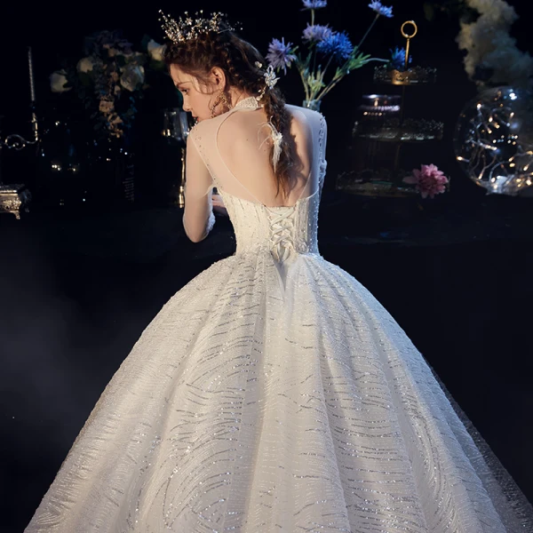 Glitzernden Champagner Durchsichtige Brautkleider / Hochzeitskleider 2019 Ballkleid Stehkragen 3/4 Ärmel Rückenfreies Perlenstickerei Glanz Pailletten Kapelle-Schleppe Rüschen