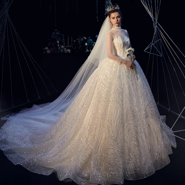 Glitzernden Champagner Durchsichtige Brautkleider / Hochzeitskleider 2019 Ballkleid Stehkragen 3/4 Ärmel Rückenfreies Perlenstickerei Glanz Pailletten Kapelle-Schleppe Rüschen