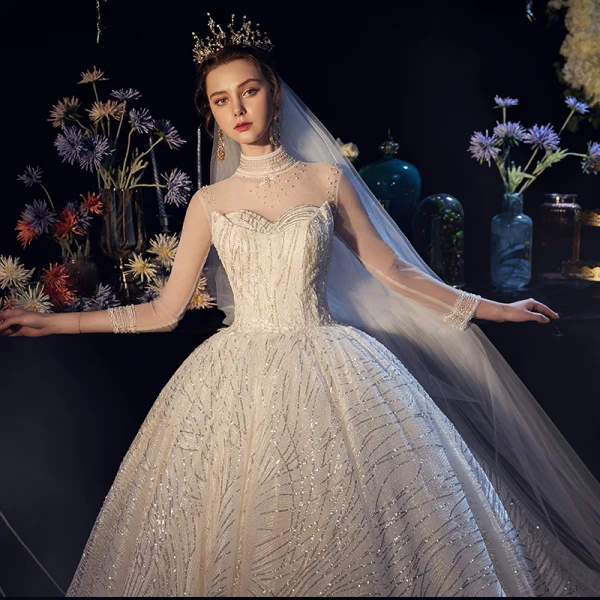 Glitzernden Champagner Durchsichtige Brautkleider / Hochzeitskleider 2019 Ballkleid Stehkragen 3/4 Ärmel Rückenfreies Perlenstickerei Glanz Pailletten Kapelle-Schleppe Rüschen
