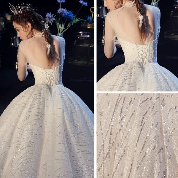 Glitzernden Champagner Durchsichtige Brautkleider / Hochzeitskleider 2019 Ballkleid Stehkragen 3/4 Ärmel Rückenfreies Perlenstickerei Glanz Pailletten Kapelle-Schleppe Rüschen