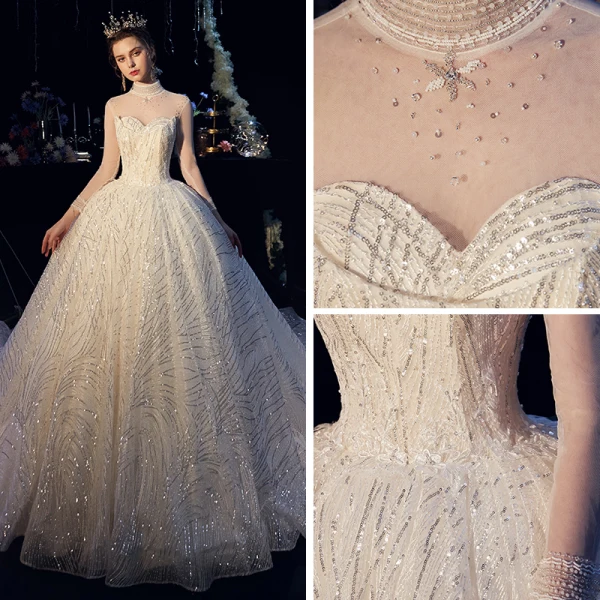 Glitzernden Champagner Durchsichtige Brautkleider / Hochzeitskleider 2019 Ballkleid Stehkragen 3/4 Ärmel Rückenfreies Perlenstickerei Glanz Pailletten Kapelle-Schleppe Rüschen