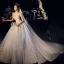 Luxury / Gorgeous Champagne Wedding Dresses 2019 A-Line / Princess Off-The-Shoulder Short Sleeve Backless Appliques Lace Beading Glitter Tulle Cathedral Train