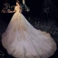 Luxury / Gorgeous Champagne Wedding Dresses 2019 A-Line / Princess Off-The-Shoulder Short Sleeve Backless Appliques Lace Beading Glitter Tulle Cathedral Train
