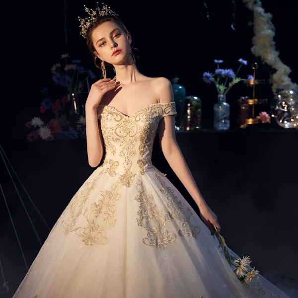 Luxury / Gorgeous Champagne Wedding Dresses 2019 A-Line / Princess Off-The-Shoulder Short Sleeve Backless Appliques Lace Beading Glitter Tulle Cathedral Train