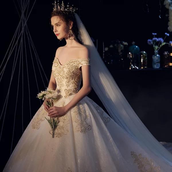 Luxury / Gorgeous Champagne Wedding Dresses 2019 A-Line / Princess Off-The-Shoulder Short Sleeve Backless Appliques Lace Beading Glitter Tulle Cathedral Train