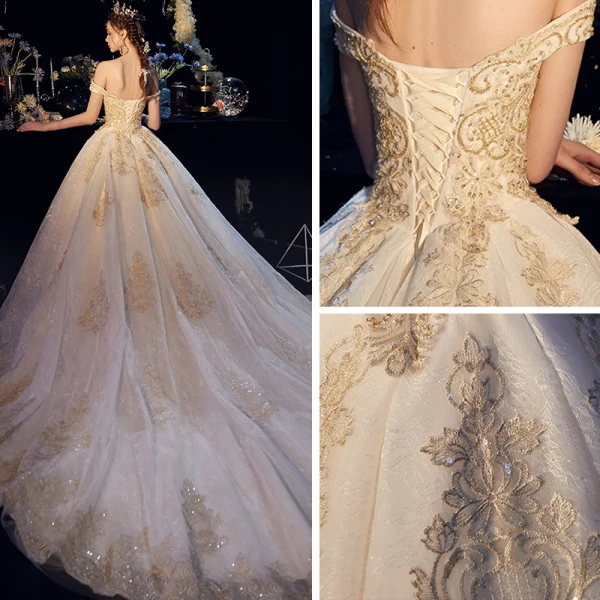 Luxury / Gorgeous Champagne Wedding Dresses 2019 A-Line / Princess Off-The-Shoulder Short Sleeve Backless Appliques Lace Beading Glitter Tulle Cathedral Train