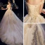 Luxury / Gorgeous Champagne Wedding Dresses 2019 A-Line / Princess Off-The-Shoulder Short Sleeve Backless Appliques Lace Beading Glitter Tulle Cathedral Train