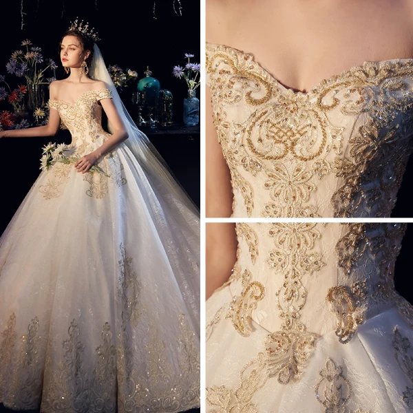 Luxury / Gorgeous Champagne Wedding Dresses 2019 A-Line / Princess Off-The-Shoulder Short Sleeve Backless Appliques Lace Beading Glitter Tulle Cathedral Train