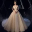 Luxury / Gorgeous Champagne Glitter Wedding Dresses 2019 Ball Gown Off-The-Shoulder Short Sleeve Backless Beading Pearl Cathedral Train Ruffle