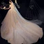 Luxury / Gorgeous Champagne Glitter Wedding Dresses 2019 Ball Gown Off-The-Shoulder Short Sleeve Backless Beading Pearl Cathedral Train Ruffle
