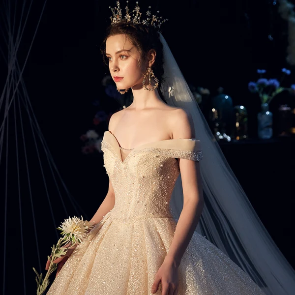 Luxury / Gorgeous Champagne Glitter Wedding Dresses 2019 Ball Gown Off-The-Shoulder Short Sleeve Backless Beading Pearl Cathedral Train Ruffle