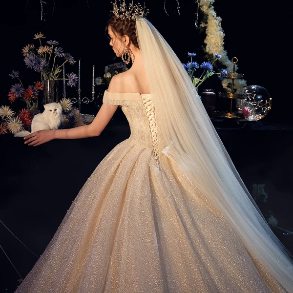 Luxury / Gorgeous Champagne Glitter Wedding Dresses 2019 Ball Gown Off-The-Shoulder Short Sleeve Backless Beading Pearl Cathedral Train Ruffle