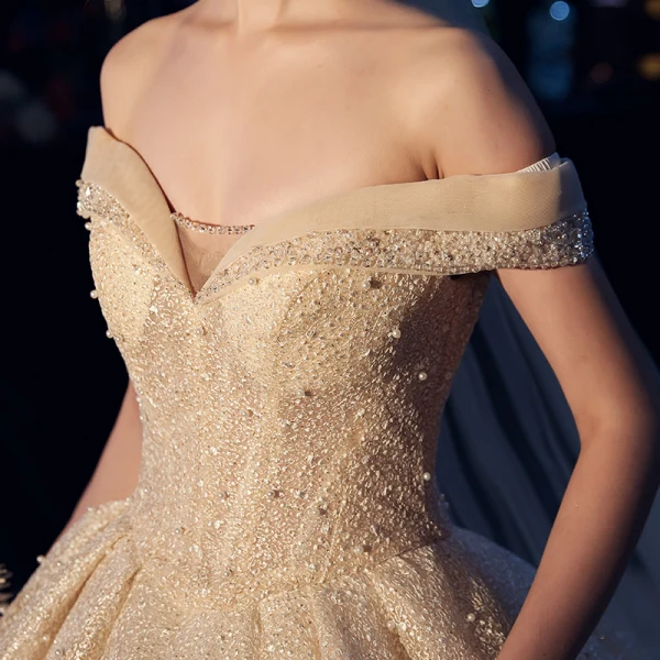 Luxury / Gorgeous Champagne Glitter Wedding Dresses 2019 Ball Gown Off-The-Shoulder Short Sleeve Backless Beading Pearl Cathedral Train Ruffle