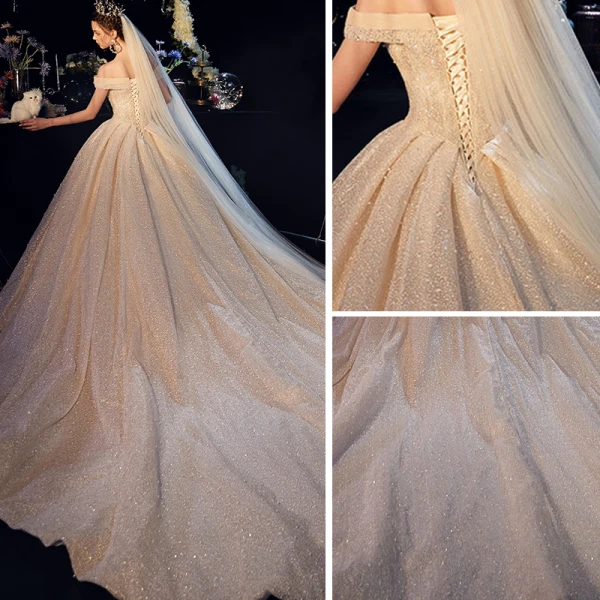 Luxury / Gorgeous Champagne Glitter Wedding Dresses 2019 Ball Gown Off-The-Shoulder Short Sleeve Backless Beading Pearl Cathedral Train Ruffle