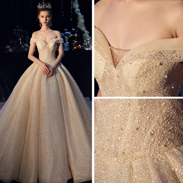 Luxury / Gorgeous Champagne Glitter Wedding Dresses 2019 Ball Gown Off-The-Shoulder Short Sleeve Backless Beading Pearl Cathedral Train Ruffle