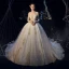 Elegant Champagne Wedding Dresses 2019 Ball Gown Off-The-Shoulder Long Sleeve Backless Glitter Tulle Appliques Lace Beading Cathedral Train Ruffle