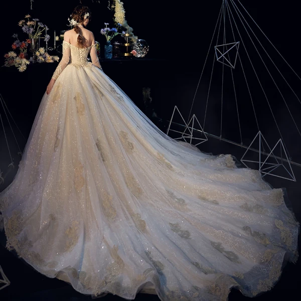 Elegant Champagne Wedding Dresses 2019 Ball Gown Off-The-Shoulder Long Sleeve Backless Glitter Tulle Appliques Lace Beading Cathedral Train Ruffle