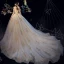 Elegant Champagne Wedding Dresses 2019 Ball Gown Off-The-Shoulder Long Sleeve Backless Glitter Tulle Appliques Lace Beading Cathedral Train Ruffle