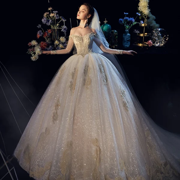 Elegant Champagne Wedding Dresses 2019 Ball Gown Off-The-Shoulder Long Sleeve Backless Glitter Tulle Appliques Lace Beading Cathedral Train Ruffle