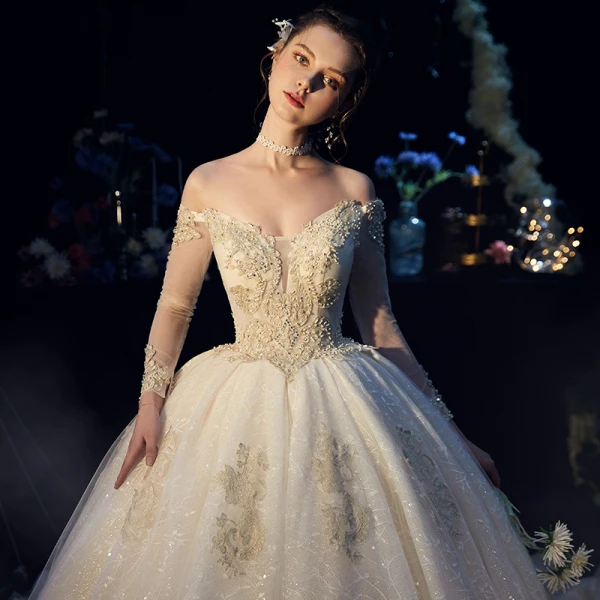 Elegant Champagne Wedding Dresses 2019 Ball Gown Off-The-Shoulder Long Sleeve Backless Glitter Tulle Appliques Lace Beading Cathedral Train Ruffle