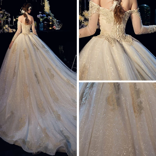 Elegant Champagne Wedding Dresses 2019 Ball Gown Off-The-Shoulder Long Sleeve Backless Glitter Tulle Appliques Lace Beading Cathedral Train Ruffle