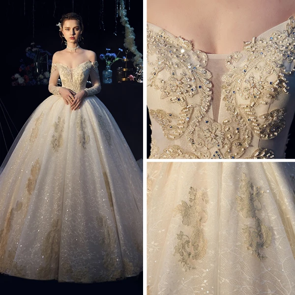 Elegant Champagne Wedding Dresses 2019 Ball Gown Off-The-Shoulder Long Sleeve Backless Glitter Tulle Appliques Lace Beading Cathedral Train Ruffle