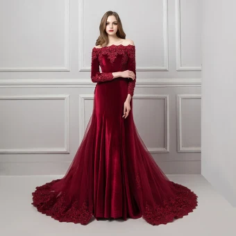 Élégant Bordeaux Daim Robe De Soirée 2019 Trompette Sirène De L Épaule Manches Longues Appliques En Dentelle Perlage Détachable Tribunal Train Volants Dos Nu Robe De Ceremonie
