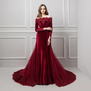 Elegant Burgundy Suede Evening Dresses 2019 Trumpet Mermaid Off The Shoulder Long Sleeve Appliques Lace Beading Detachable Court Train Ruffle Backless Formal Dresses