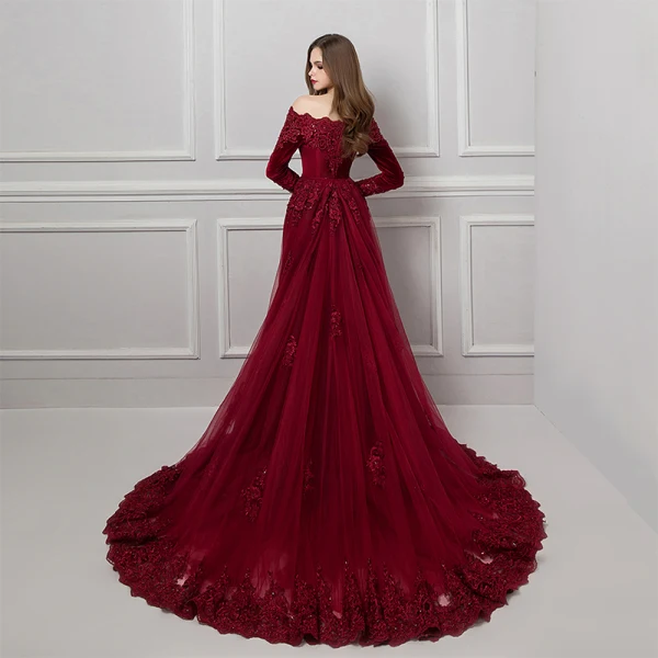 Elegant Burgundy Suede Evening Dresses 2019 Trumpet / Mermaid Off-The-Shoulder Long Sleeve Appliques Lace Beading Detachable Court Train Ruffle Backless Formal Dresses