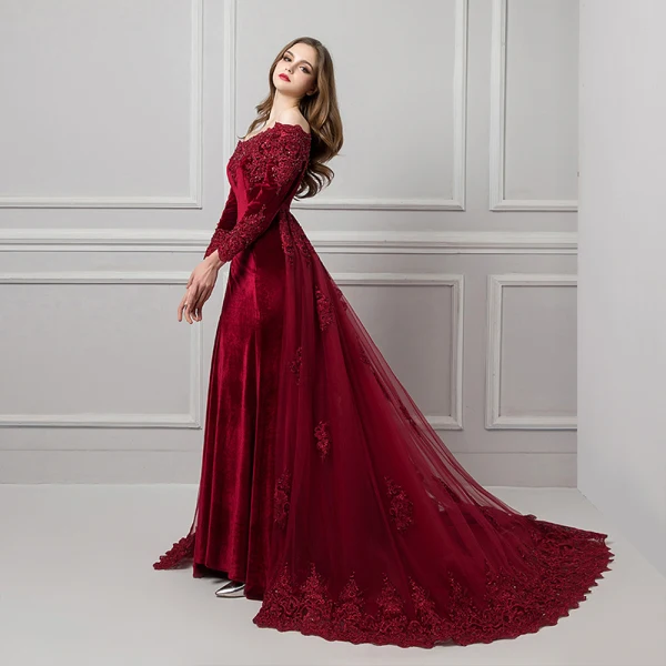 Elegant Burgundy Suede Evening Dresses 2019 Trumpet / Mermaid Off-The-Shoulder Long Sleeve Appliques Lace Beading Detachable Court Train Ruffle Backless Formal Dresses