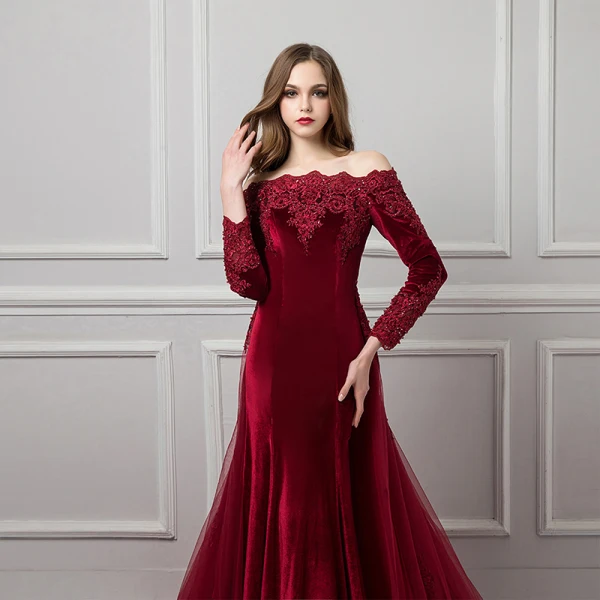 Elegant Burgundy Suede Evening Dresses 2019 Trumpet / Mermaid Off-The-Shoulder Long Sleeve Appliques Lace Beading Detachable Court Train Ruffle Backless Formal Dresses