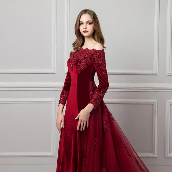 Elegant Burgundy Suede Evening Dresses 2019 Trumpet / Mermaid Off-The-Shoulder Long Sleeve Appliques Lace Beading Detachable Court Train Ruffle Backless Formal Dresses