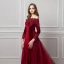 Elegant Burgundy Suede Evening Dresses  2019 Trumpet / Mermaid Off-The-Shoulder Long Sleeve Appliques Lace Beading Detachable Court Train Ruffle Backless Formal Dresses