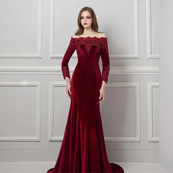 Elegant Burgundy Suede Evening Dresses 2019 Trumpet / Mermaid Off-The-Shoulder Long Sleeve Appliques Lace Beading Detachable Court Train Ruffle Backless Formal Dresses
