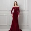 Elegant Burgundy Suede Evening Dresses  2019 Trumpet / Mermaid Off-The-Shoulder Long Sleeve Appliques Lace Beading Detachable Court Train Ruffle Backless Formal Dresses